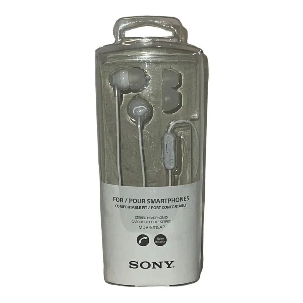 Sony MDR-EX15AP Stereo Headphones Earbuds White Noise Isolation & Microphone New